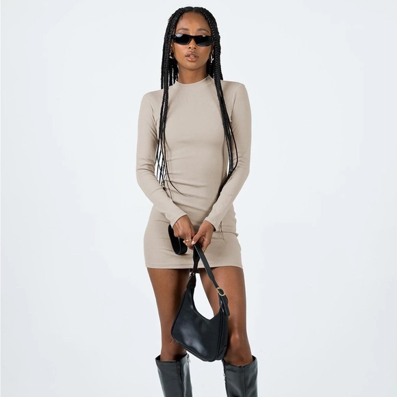 NWT: Princess Polly Diani Long Sleeve Mini Dress in Beige - Picture 1 of 8